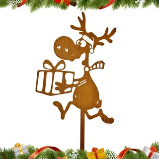 exatta Lustiges Rentier Weihnachten Roststecker,Gartenstecker Metall Deko,Roststecker Weihnachtsdeko Draußen Gartendeko,Rust Blumenstecker Weihnachten für Garten Terrasse Balkon,Rostdeko 32cm x 9 cm
