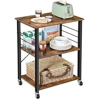 VASAGLE Küchenregal auf Rollen, Servierwagen, 3 Ebenen, Küchenwagen, für Mini-Backofen, Mikrowellen, Metallrahmen, 6 Haken, 40 x 60 x 89 cm, vintagebraun-tintenschwarz KKS60XV1