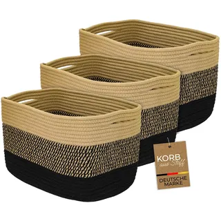 HMF Aufbewahrungskorb mit versteckten Griffen, 3er Set, Korb aus Baumwolle | 37,5 x 25 x 22,5 cm | Schwarz-Honig