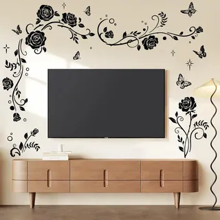 SHUCHING Wandtattoo Blumenranke Schwarze, Wandsticker Blumen Rose Schwarze, Selbstklebend Wandaufkleber für Wohnzimmer Schlafzimmer TV