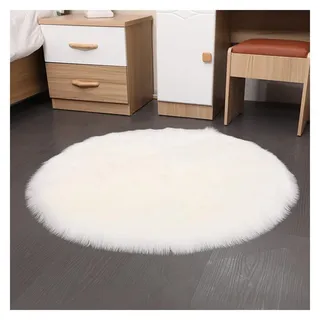 SMTCM Faux Lammfell Schaffell Runder Teppich 70 * 70cm Weiß Flauschig Kunstfell Teppich Longhair Fell Weiche Nachahmung Wolle Bettvorleger Sofa Matte Rutschfester Waschbarer Plüsch Fußmatte Heim Deko
