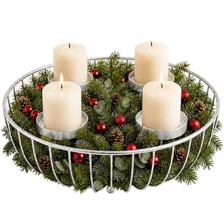 Relaxdays Adventskranz, 4 Stumpenkerzen, Silber | Metall, HxD: 10 x 33 cm, moderne Adventsdekoration, Weihnachtskranz