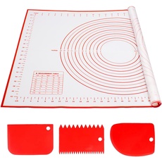 Alyvisun Silikon Backmatte mit 3 Teigschaber, 70x50 cm Backzubehör Antihafte Backunterlage mit Messung Rutschfeste Silikonmatte Wiederverwendbar Backblech für Fondant, Pizza, Teig (Rot)