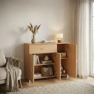 FineBuy Sideboard JERRY Buche mit 1 Schublade & 3 Türen 90 x 75 x 30 cm | Design Kommode aus MDF | Anrichte Flur-Schrank mit Griffen - Braun