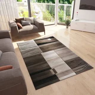 VIMODA Designer Teppich Wohnzimmer Braun Beige Kacheloptik mit Farbverlauf und Konturenschnitt, Maße:80 x 300 cm