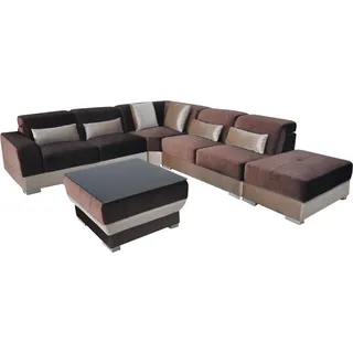 Leder Eck Sofa Wohnlandschaft Garnitur Design Couch Sofas USB LED Braun + Tisch - Braun