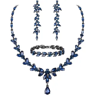 EVER FAITH Schmuckset Österreichisches Kristall Braut Schmuck-Set, Elegante Marquise Strass Blatt Halskette mit baumelnden Ohrringen Tennis-Armband-Set
