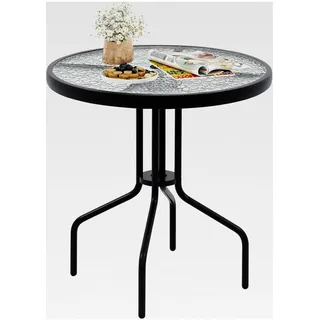 Gartentisch mit Schirmloch, 70x70x71cm, Bistrotisch aus gehärtetem Glas, runder Balkontisch, Terrassentisch, Outdoor-Esstisch für Terrasse, Garten, Balkon