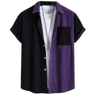 LAPOOH Hawaii Hemd,Patchwork Kontrastfarbenes Herren-Hawaiihemd Aus Cord, Übergröße, Kurze Ärmel, Button-Down-Hemden, Aloha-Hemden, Strandkleid, Alltagshemden Für Männer, Urlaub