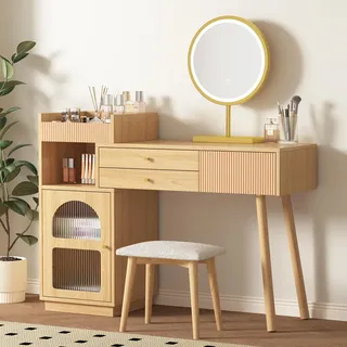 Merax Schminktisch mit LED-Beleuchtung, Einstellbare Helligkeit, Schminkkommode mit 3 Schubladen, Seitenschrank, Kosmetiktisch, Natur - Naturbelassen