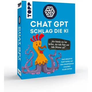 Frechverlag ChatGPT – Schlag die KI. Das kreative Partyspiel mit dem smartesten Chatbot Aller Zeiten: „Erfinde einen Namen für EIN Tier, halb Hahn, halb Oktopus!“ 200 Aufgaben