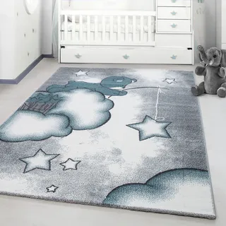 Ayyildiz Teppiche Kinderteppich "Kids 580, auch in rund erhältlich" rechteckig 12 mm Höhe auch in rund, Teddybär, Sterne Design, Kurzflor, blau