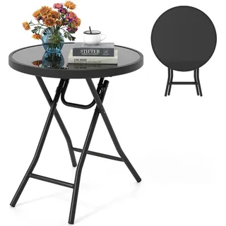COSTWAY Beistelltisch klappbar, Gartentisch Klapptisch wetterfest, Balkontisch rund mit Tischplatte aus gehärtetem Glas 46x46x48cm Schwarz - Schwarz