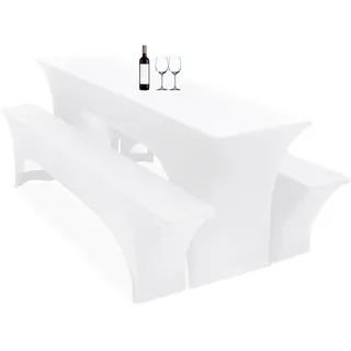 3er-Set Biertischhussen, 220 x 50 x 70 cm, hussen bierzeltgarnitur, weiß, Stretch-Bezüge für Biertisch- und Bankgarnituren, Bierbankhussen, Spandex-Bierzeltgarnitur für Bankett, Gartenmöbel-Bezüge