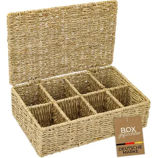 HMF Teebox aus Seegras mit 8 Fächern zur Aufbewahrung von Teebeuteln, Aufbewahrungskorb als Organizer für Küche, Bad, Wohnbereich | 33 x 21 x 10 cm | Natur