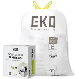 EKO reißfest Müllbeutel mit Zugband, 25-35 Liter Müllsäcke, 80 Beuteln, extra starken, Schnellzugriffsbox, Auslaufsicher Mülltüten für sicheren Halt am Mülleimer, weiß, Größe E