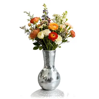 Relaxdays Disco Vase, mit Spiegelglas, HxD: 28x14 cm, Mosaikvase, runde Blumenvase, Tischdeko, Glitzervase, Silber