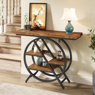 LITTLE TREE Konsolentisch 100 cm, Industrial Konsolentisch mit Metallgestell, 4-Etagen Schmaler Flurtisch in Rustikalem Braun, Für Eingangsbereich, Wohnzimmer & Diele, Stabiles Regal, Braun