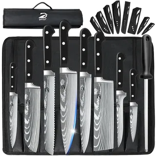 Dfito Messerset mit Rolltasche, 8-teiliges professionelles Messerset mit Tasche, High Carbon Edelstahl Küchenchef Küchenmesser Set, Extrem Scharf Profi Kochmesser Set
