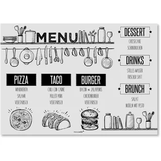 100 Tischunterlagen mit Menü-Motiv I DIN A3 eckig I Platzset aus Papier in grau schwarz, Vintage Design I Einweg Tischset I dv122