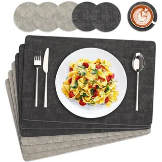 euqvunn Tischsets Abwaschbar und Untersetzer, 6er Set Doppelseitigen PU Platzsets Wasserdicht Rutschfest Hitzebeständig für Küche Innen und Außen(43×30cm-Grau)