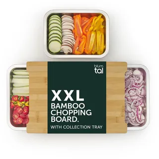 Blumtal Schneidebrett aus 100% Bambus mit 3 Auffangschalen aus Edelstahl (ofengeeignet) - antibakterielles Holz-Brett 40x28,5 cm - Holz-Brettchen - messerschonendes Bambus Schneidebrett