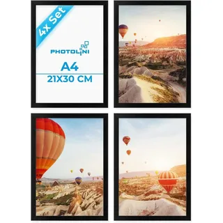 PHOTOLINI Bilderrahmen A4 Schwarz Holz MDF, 4er Set DIN A4 Bilderrahmen schwarz 21x30 cm, bruchsicheres Acrylglas, picture frame zum Aufhängen & Aufstellen, Rahmen mit Zubehör 30x21 für Fotos, Poster
