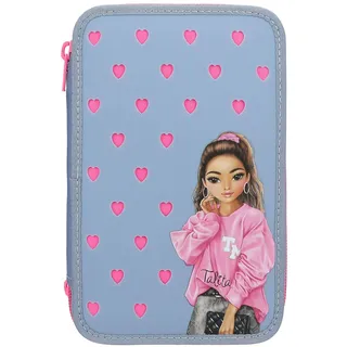 DEPESCHE 13478 TOPModel - Gefüllte 3-Fach Federtasche in Blau und Pink, mit Model Motiv und Silikon Pins, Federmappe mit Buntstiften, Schere, Lineal UVM.