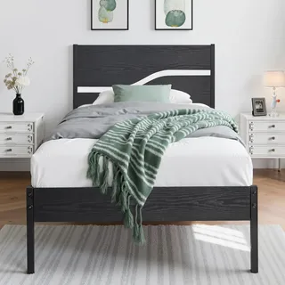 VECELO Bettgestell 90 x 200 cm, Metallbett mit Doppelschicht Holzkopfteil und Lattenrost, Modern Gästebett Jugendbett mit Stauraum Unter Dem Bett, Perfekt für Schlafzimmer, Schwarz