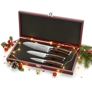 Wakoli Edib 3er Damastmesserset I Holzbox I 8 - 17cm Klinge I Pakkaholzgriff - Braun