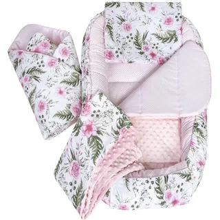 Medi Partners Babynest Nestchen Baby Set für Neugeborene - 100x60x15 Kuschelnest 5 teilig tragbar Nest zweiseitig Babynestchen Bett 100% Baumwolle (Blument mit Hellrosa Minky)