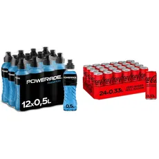 Powerade Sports Mountain Blast (12 x 500 ml) & Coca-Cola Zero Sugar/Koffeinhaltiges Erfrischungsgetränk in stylischen Dosen mit originalem Coca-Cola Geschmack - 330 ml (24er Pack)