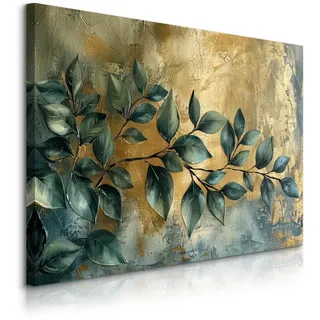 Muralo Leinwandbild Blätter Pflanzen Malarei Abstraktion 100x70 cm , Grün, Beige, Grau , Textil , Kiefer , Baum/Pflanze/Natur, Abstrakt , Rechteckig , 100x70 cm , einfache und schnelle Anbringung , Bilder & Rahmen, Bilder, Leinwandbilder