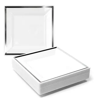 MATANA 20 Weiße Dessertteller aus Plastik mit Silbernem Rand für Hochzeiten, Geburtstage, Taufen, Weihnachten & Partys (Eckig), 16,5cm - Mehrweg & Stabil