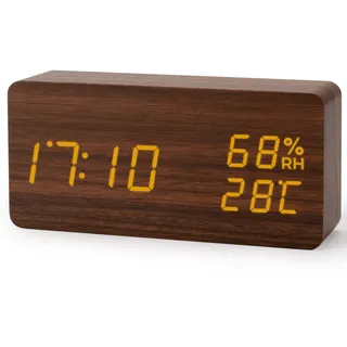 Virklyee Wecker aus Holz digital, 12/24HR, 3 Stufen einstellbar Helligkeit, 3 Alarmsätze können eingestellt Werden, Anzeige von Temperatur/Luftfeuchtigkeit/Datum, Mit USB-Ladeanschluss(Dunkelbraunes)