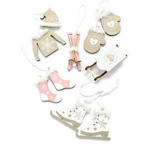 HEITMANN DECO Christbaum-Schmuck - Behang Set aus Holz - 6-teilig - Baumbehang in Natur/Rosa/Weiß - Weihnachtsdekoration, 7-10cm
