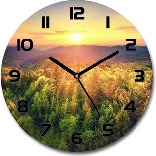 Wanduhr aus Glas 30fi Glasbild Glasuhr Gehärtetes Glas - schwarze-zeiger - Forest sunset - Gelb