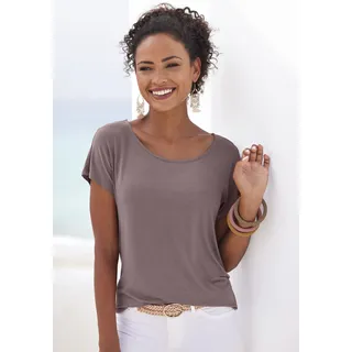 Kurzarmshirt VIVANCE "mit sommerlicher Häkelspitze am Rücken", Damen, Gr. 36/38, grau (taupe), Single Jersey, Obermaterial: 95% Viskose (LENZINGTM ECOVEROTM), 5% Elasthan. Spitze: 100% Baumwolle, unifarben, lässig geschnitten normal, Rundhals, angeschnitten, Shirts Kurzarmshirt, aus luftigem Viskose-Stretch, Topseller