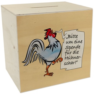 Spardose aus Holz mit Hahn Motiv in blau zum Thema Trinkgeld und lustigem Spruch schöne Sparbüchse als Geschenk für Sparfüchse die Hühner mögen und eine Hühnerschar auf dem Bauernhof haben