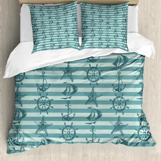 ABAKUHAUS Steuerrad Bettbezug Set, Retro Marinemuster Mit Schiffs Rad Anker Und Starfish Auf Gestreiftem Hintergrund, 200 x 200 cm + 80 x 80 cm, Teal Beige