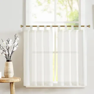 TOPICK 2er Set H 60 x B 65 (cm) Scheibengardinen Küche Weiß Leinen Bistrogardine mit Schlaufen Küchengardinen für Balkontür Wohnwagen Landhausstil Bauernhaus Gardinen Kurz Halbtransparente