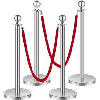 Vevor Absperrpfosten Absperrung (4 Stk.) zur Steuerung von Menschenmengen mit 2 roten Samtseilen (1,5 m lang), Absperrständer aus Edelstahl mit nachfüllbarem Sockel für Ausstellungen Silber