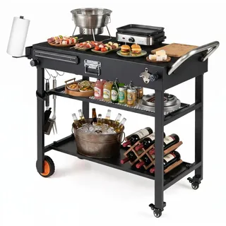 COSTWAY Grillwagen Outdoor, Grilltisch klappbar, Servierwagen Metall mit Rollen, 86,5 x 46 cm Arbeitsfläche, Haken & 3 Ablagen, Pizzatisch wetterfest - Schwarz