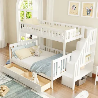 Merax Etagenbett 90x200/140x200cm mit 2 Schubladen und Treppe, Kinderbett mit Rausfallschutz und Lagerregal, Kieferholzbett Stockbett Hausbett Jugendbett, Weiß - Weiß