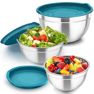 TEAMFAR Rührschüssel, 3-teilig Edelstahl Schüssel Salatschüssel Set mit Luftdicht Deckel, Schüsselset perfekt für Backen/Vorbereiten/Servieren, 4,5L / 2,5 L / 1,5 L, Spülmaschinenfest, Blau