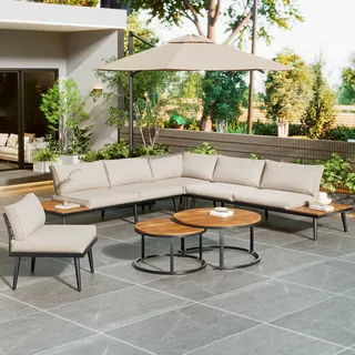 Flieks Gartenlounge Set 6-Sitzer, Balkonmöbel set Gartenmöbel Set für 6 personen, Lounge Gartenmöbel mit Tisch und Kissen, Terrassenmöbel Loungemöbel - Beige