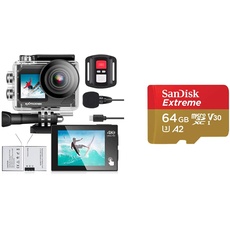 Exprotrek Action Cam,4K 30fps Ultra HD, 30m 100Fuß wasserdichte Unterwasserkamera, 2 Akku und Helmzubehör-Kit & SanDisk Extreme microSDXC UHS-I Speicherkarte 64 GB + Adapter