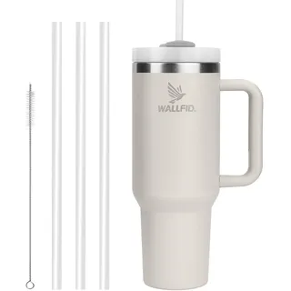 WALLFID 40oz Thermobecher aus Edelstahl, Vakuum-Isoliert mit Deckel, 3 Strohhalmen und 1 Strohhalm Bürste, Für Heiß- und Kaltgetränke, Ideal für Kaffee, Tee, Smoothies und Mehr(Cremefarben)