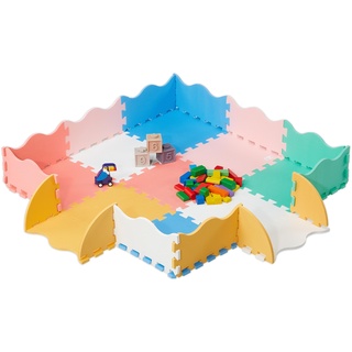 Relaxdays Puzzlematte, 25-TLG. Spielmatte mit Rand, schadstofffrei, abwaschbar, Schaumstoff, Baby Krabbelmatte, bunt, Rosa, Gelb, Blau