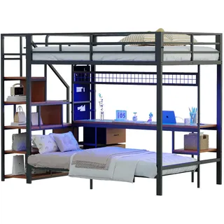 Okwish Hochbett 140/200 cm schwarz aus Metall und Holz mit Schreibtisch LED und Steckdosen , Schwarz , 140x200 cm , Babymöbel & Kindermöbel, Kinderzimmer & Jugendzimmer, Kinderbetten, Hochbetten